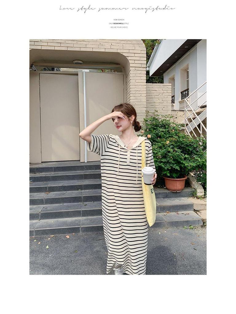 Korean Casual Striped Knit Hoodie Dress for Women, Summer College Style