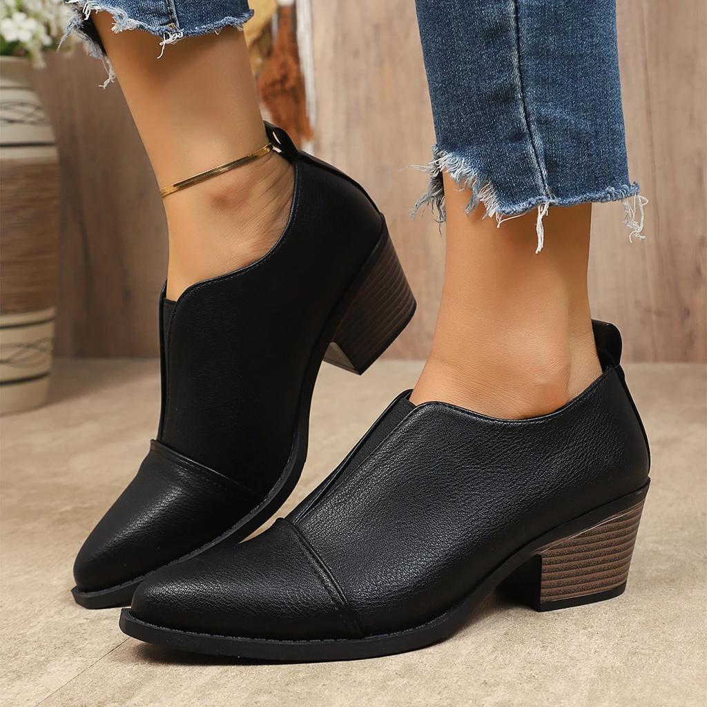 Fashion Pointed Toe Chunky Heel Ankle Boots for Women 2025 New British Style Black Dress Shoes Woman Fashion PU Leather Chelsea Boots