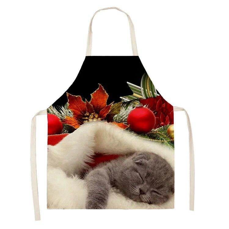 Simple Red Hat Cat and Dog Pattern Women's Kitchen Apron Linen Clean New Year 2022 New Apron
