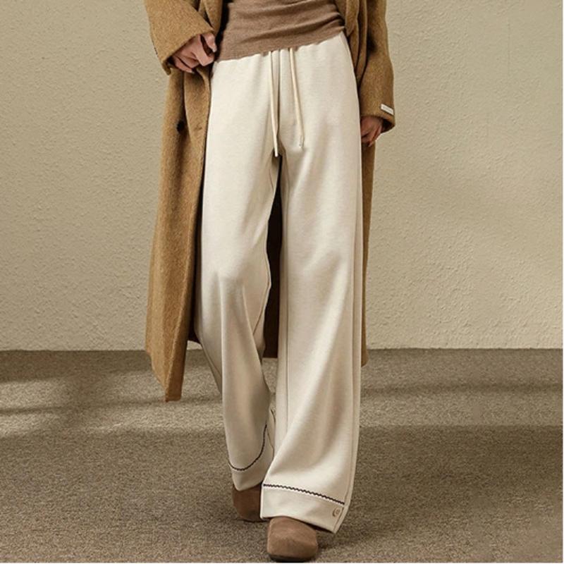 Women Cashmere Glutinous Rice Pants Autumn Winter Style High Waist Drooping Versatile Fleece Lined Floor Length Wide Leg Pants