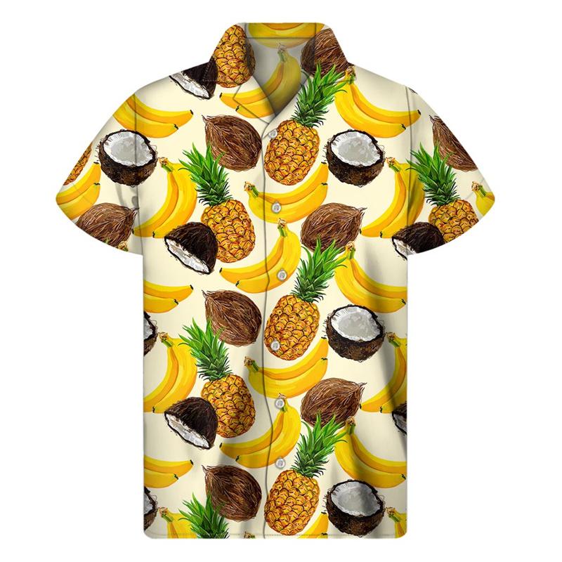 Mango, Banana, Pineapple Pattern Shirt for Men, 3D Printed Fruit Shirt, Summer Beach Vacation Short Sleeve Top