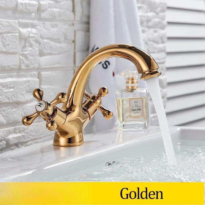 Senlesen Antique Faucet Bathroom Basin Faucet Two Handles Washbasin Taps Solid Brass Deck Mounted Hot Cold Water Mixer Tap,Gold
