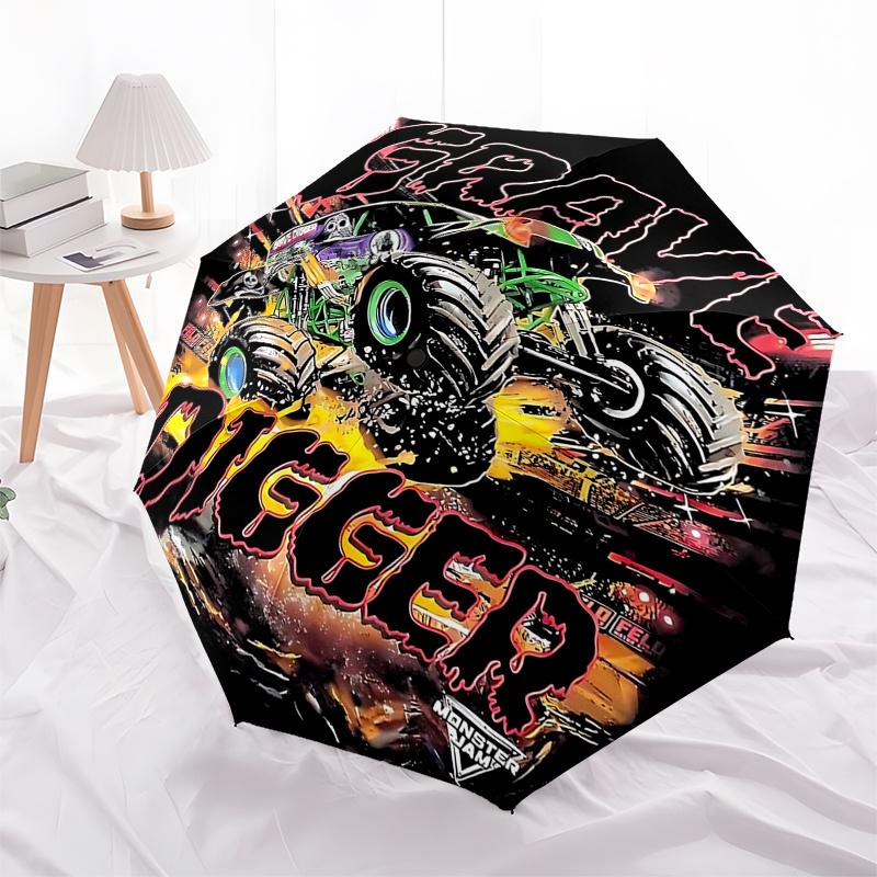 Monster Truck Themed Travel Umbrella 8 Ribs Automatic Opening and Closing, Portable Folding Design, Compact and Stylish Umbrella Suitable fo