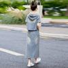 Embroidered denim suit skirt women's summer dress new retro hooded short-sleeved skirt two-piece set