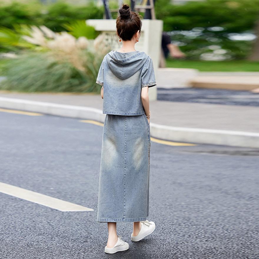 Embroidered denim suit skirt women's summer dress new retro hooded short-sleeved skirt two-piece set