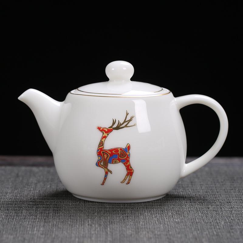 Gold-Embossed Dehua White Porcelain Sheep Fat Jade Teapot Internet Celebrity Large Lacquer Deer Companion Tea Brewing Filter