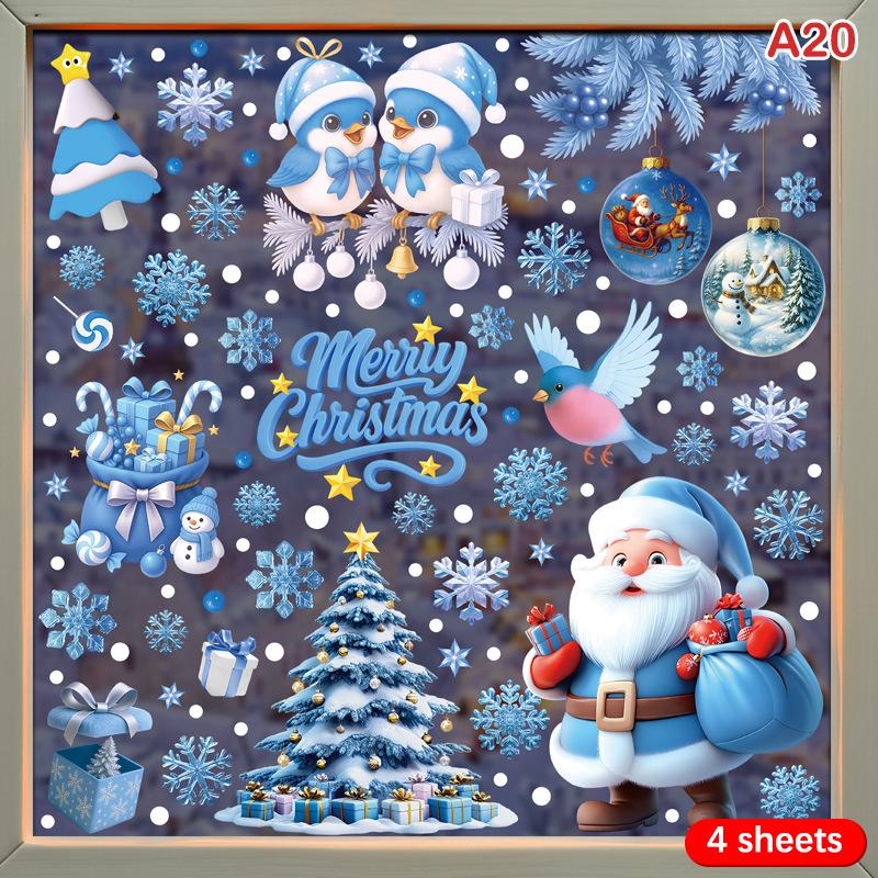 

Рождественские синие наклейки на окна снеговик Дед Мороз птица снежинка лось украшения Счастливого Рождества 2025 Счастливого года 2026