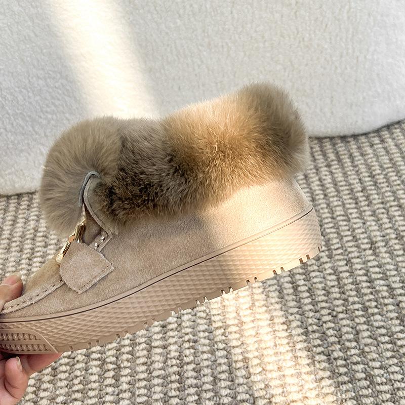 Leather fur shoes women's winter new Doudou shoes women's cotton shoes piled thickened soft sole non-slip warm black cotton boots