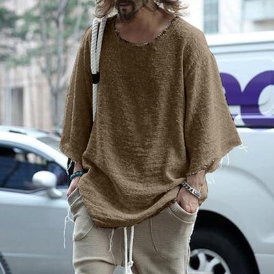 Camiseta de Hombre Color Sólido Holgada Streetwear Manga Larga Top con Borde Deshilachado para Citas