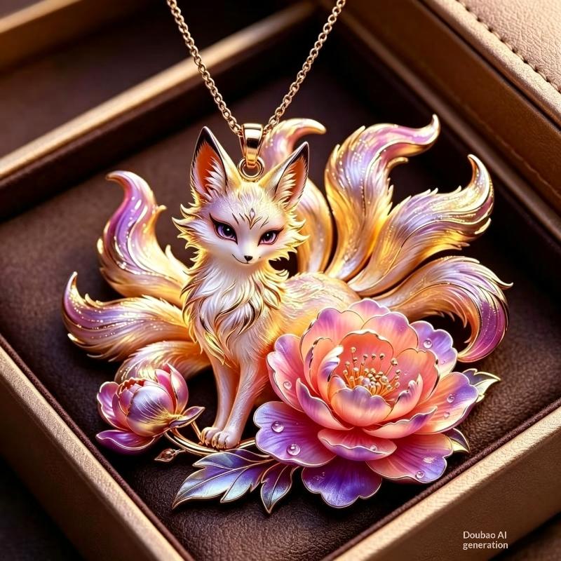 Nine Tailed Fox Pendant Necklace Exquisite Jade Like Design Golden Chain Ideal For Daily Wear Dating And Gift For Women