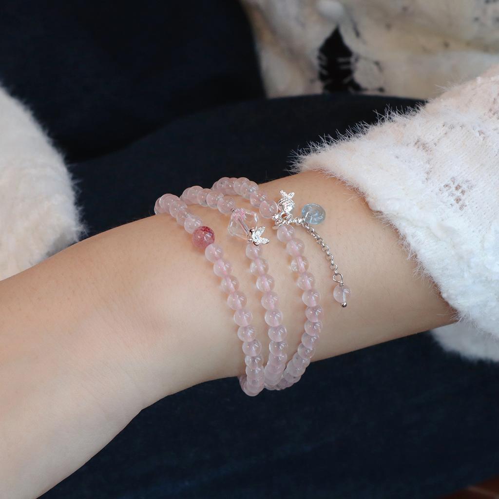 Natural Pink Crystal Bracelet Women's Fashion Design Three Circles Aquamarine Safety Buckle Light Luxury Sense Sweet
