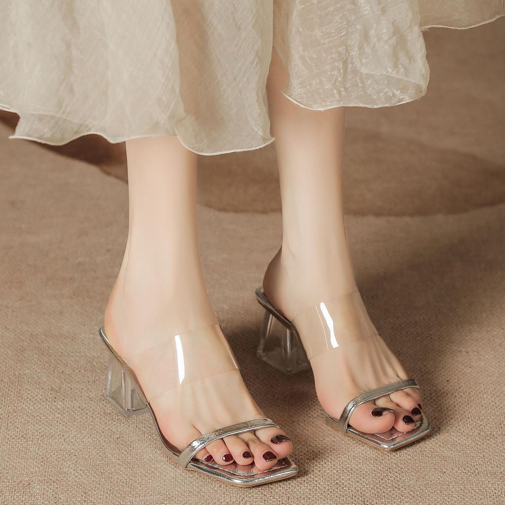 Fashion Summer Silver Strap High Heel Sandals Women Transparent Crystal Heel Pure Color Vulcanized Shoes