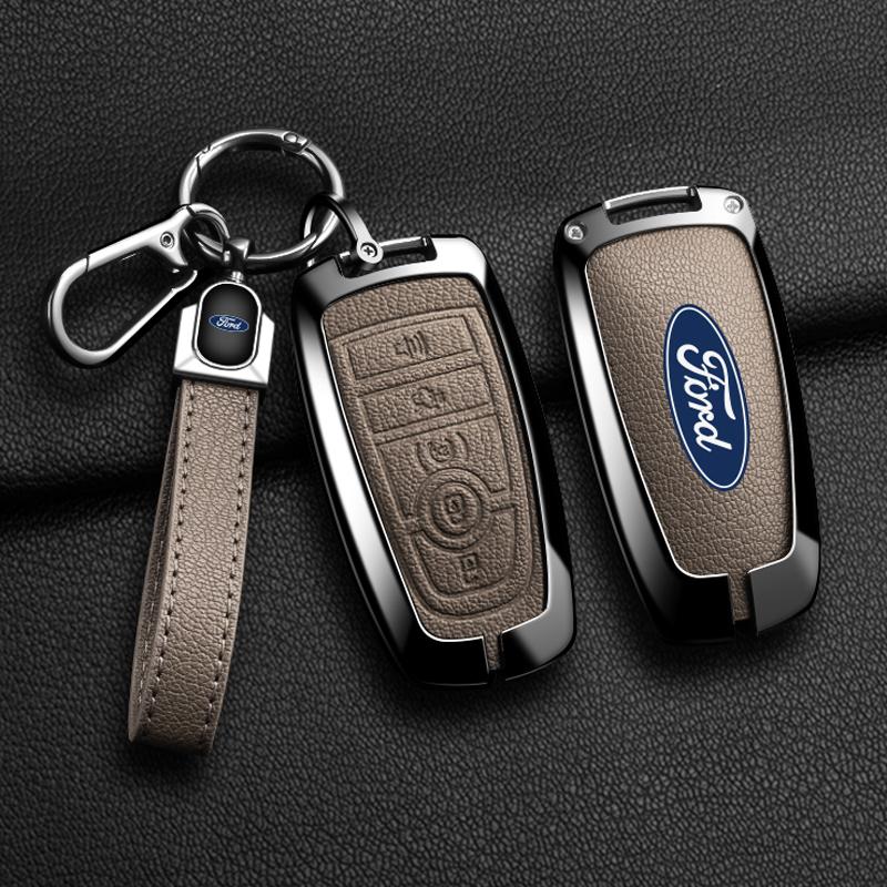 AAAMX1 Alloy Leather Car Key Fob Case Cover for Ford Fusion F150 F250 F350 F450 F550 Edge Explorer Escape Mustang 2018 2019 Protector