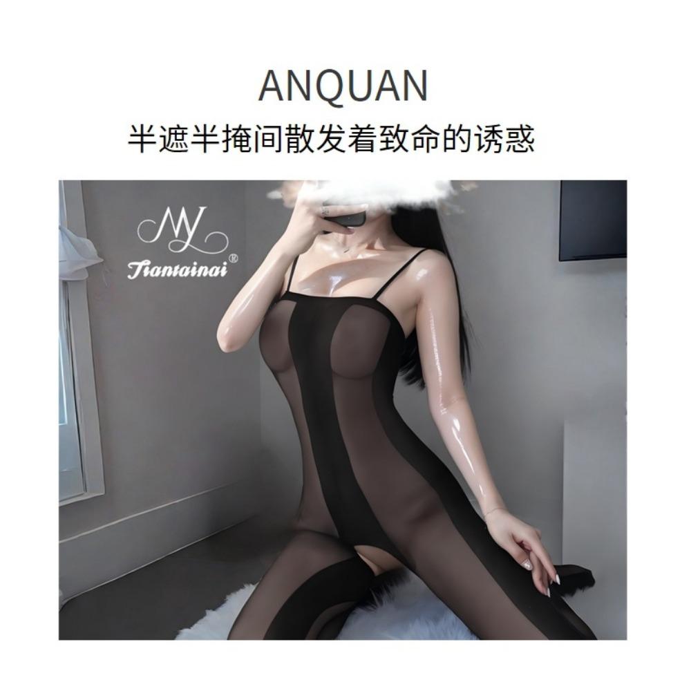 Sexy Hollow Vertical Stripe Seduction Mesh Transparent One-piece Socks Free Open Crotch Seduction Set Pure Desire Erotic Underwear