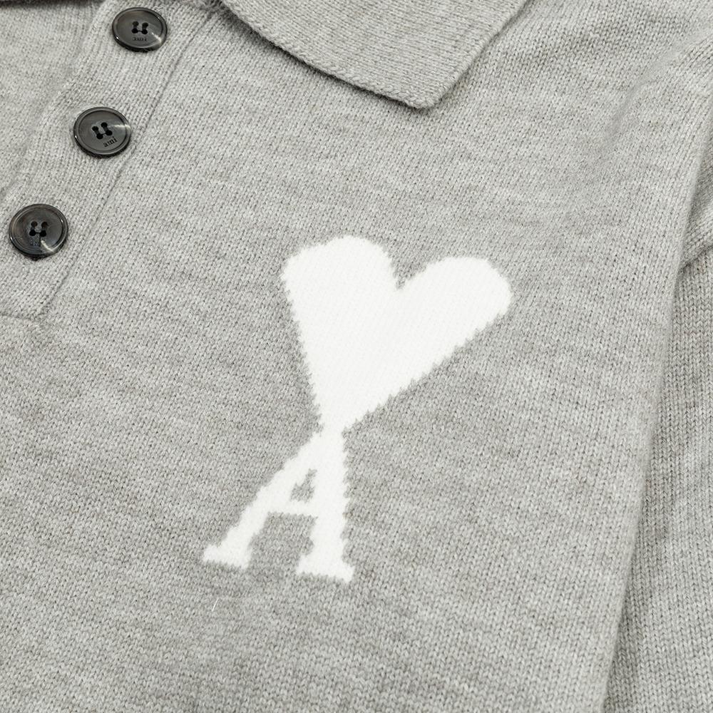 AMI White Heart-shaped Jacquard Alpaca Wool Blended Loose Sweater Polo Collar Men Pullover Sweater