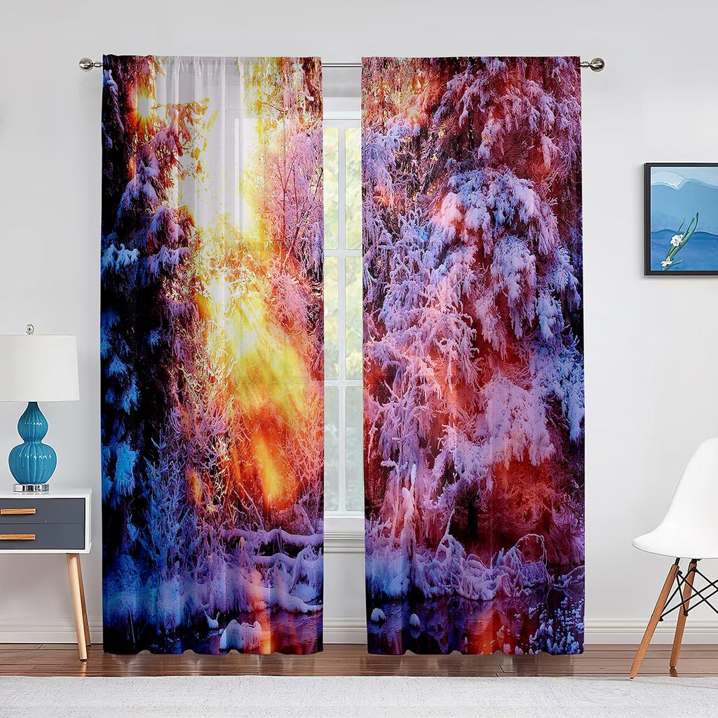 Winterwald-Berglandschaft mit schneebedeckten Bäumen, transparente Voile-Vorhänge für Wohnzimmer, Schlafzimmer, Tüllvorhänge, Fensterbehandlungen