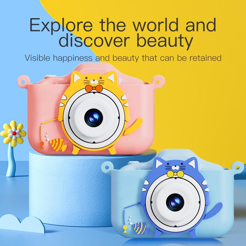 Çocuk Mini Kamera Karikatür Kedi Oyuncakları Kız Erkek Doğum Günü Hediyeleri 1080P HD 2 İnç Ekran Silikon Kılıflı Hayatı Kaydetme Kamerası