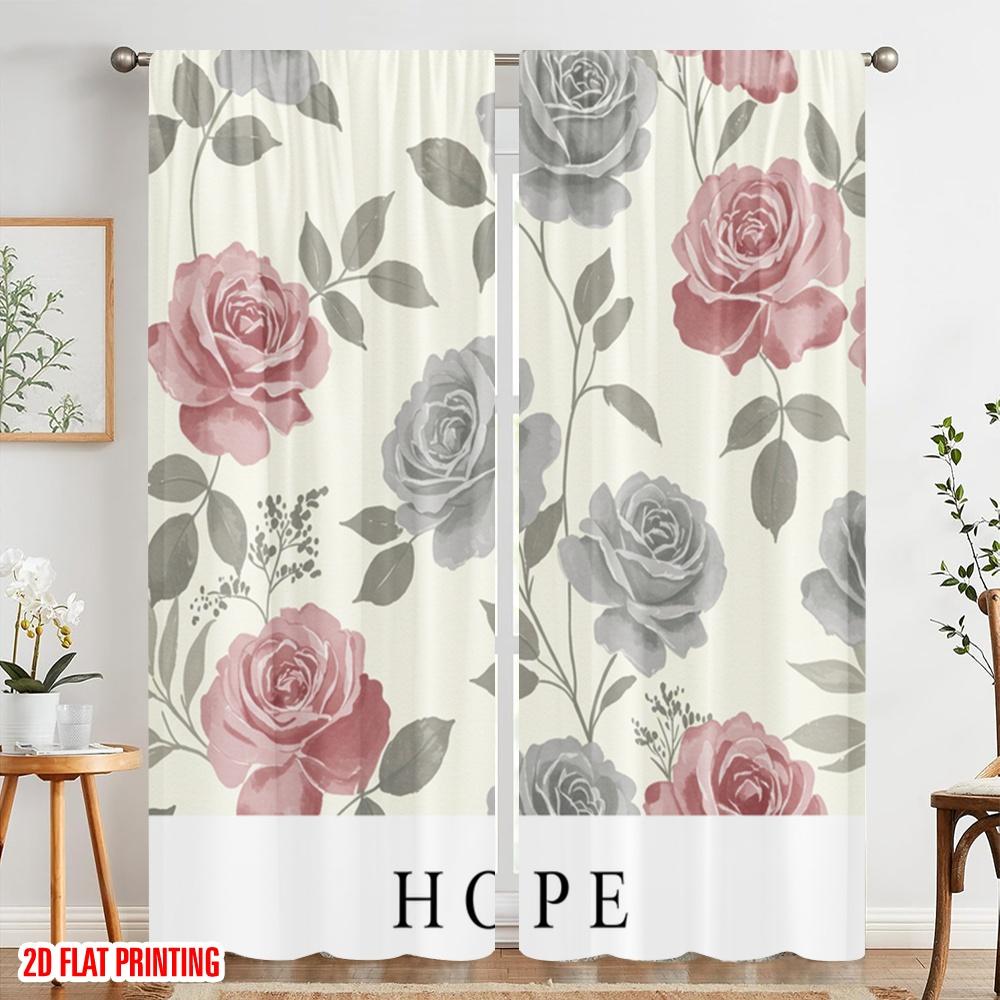 2pcs 2D Flat Printing Curtain Floral Roses Hope Polyester Without Electricity Holiday Decorations for Outdoor and Home Garden