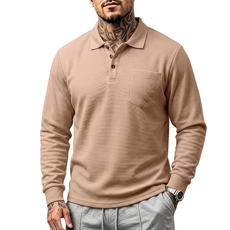Men S Waffle Knit Long Sleeve Polo Shirt Casual Autumn