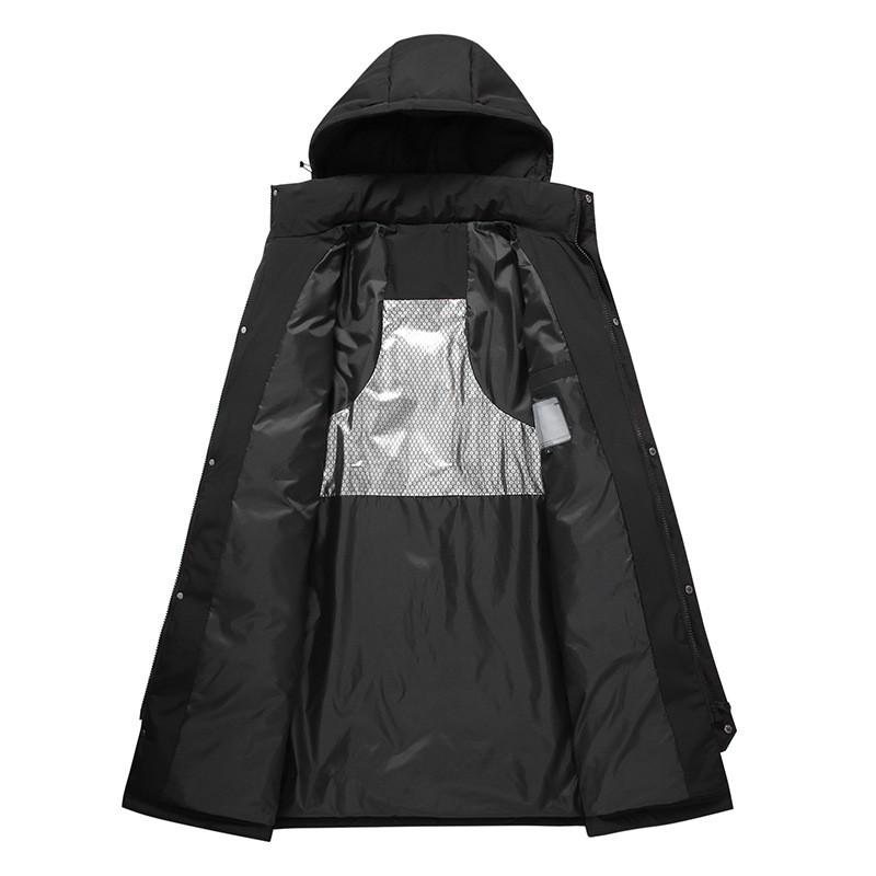 Mens Long Winter Down Coat With Graphene Lining Hooded Over-Knee Warm Jacket Cold Weather Outdoor Use