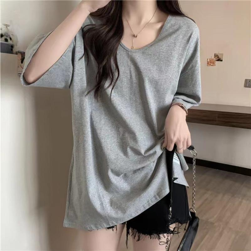 Cotton Short Sleeve Casual Loose T-shirt for Women Summer Fashion Solid Round Neck Plus Size T Shirt Woman Elegant Slim Simple Female Tee Tops 26294
