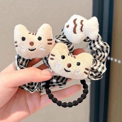 Herbst & Winter Niedliche Katze Fisch essend Puppe Karomuster Stirnband & Cartoon Haargummi Accessoires