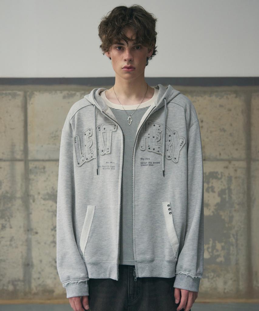 Leathery Double Line Stud Applique Hoodie [Melange]