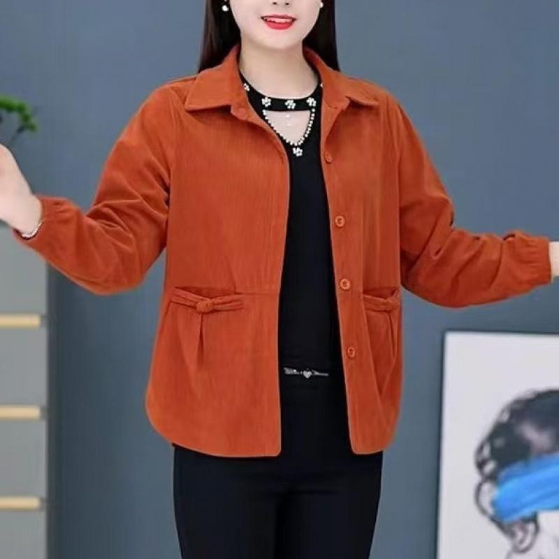Chinese Women's Corduroy Jacket Casual Top New Middle-aged and Elderly Loose Long-sleeved Spring Coat