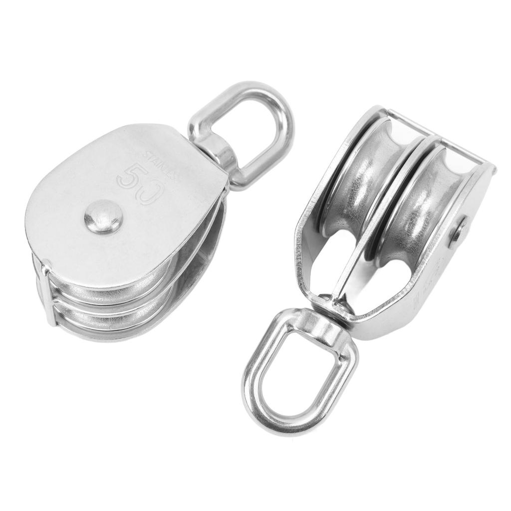 2Pcs Lifting Double Pulley Block Heavy Duty Stainless Steel Roller M50 Wire Rope Crane Hanging 400KG Loading