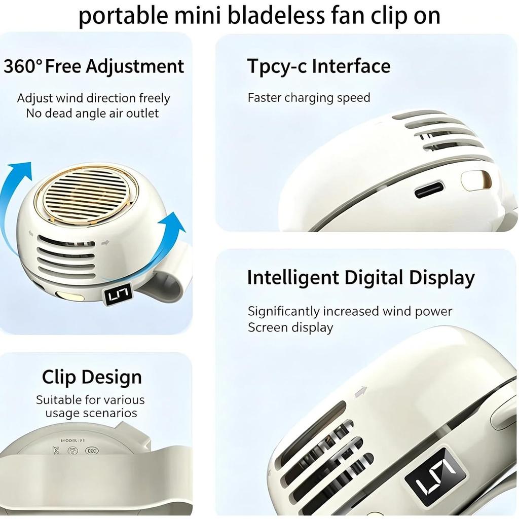 2026 New Portable Clip on Fan for Shirt, Portable Silent Mini Bladeless Electric Fan, 5 Speeds, Intelligent Digital Display