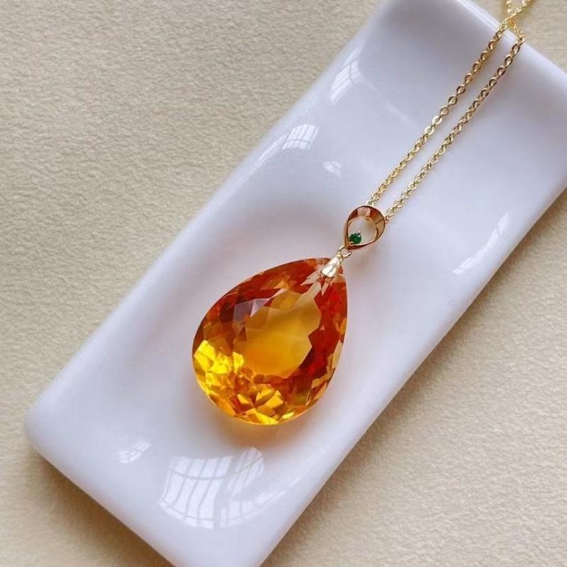 

Класичний Дизайн Інкрустований Багатогранний Помаранчево-Жовтий Кришталевий Краплеподібний Великий Підвіс Намисто Простота Ланцюжок на Ключицю Весільні Прикраси 45cm