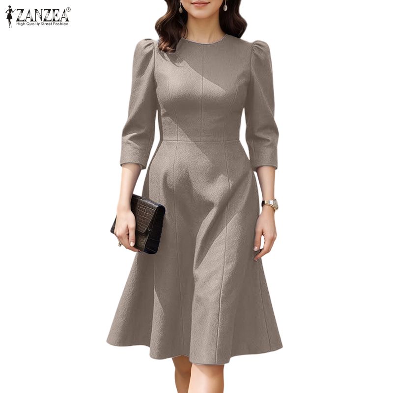 ZANZEA Women Casual Round Neck Summer 3/4 Sleeve Elegant Dress