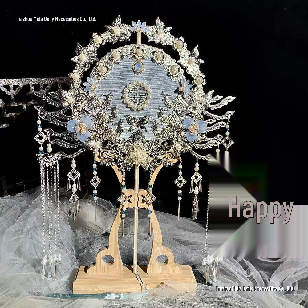 Handmade Blue Crane Dance Hanfu Fan: Long Handle Wedding Bride Round Fan