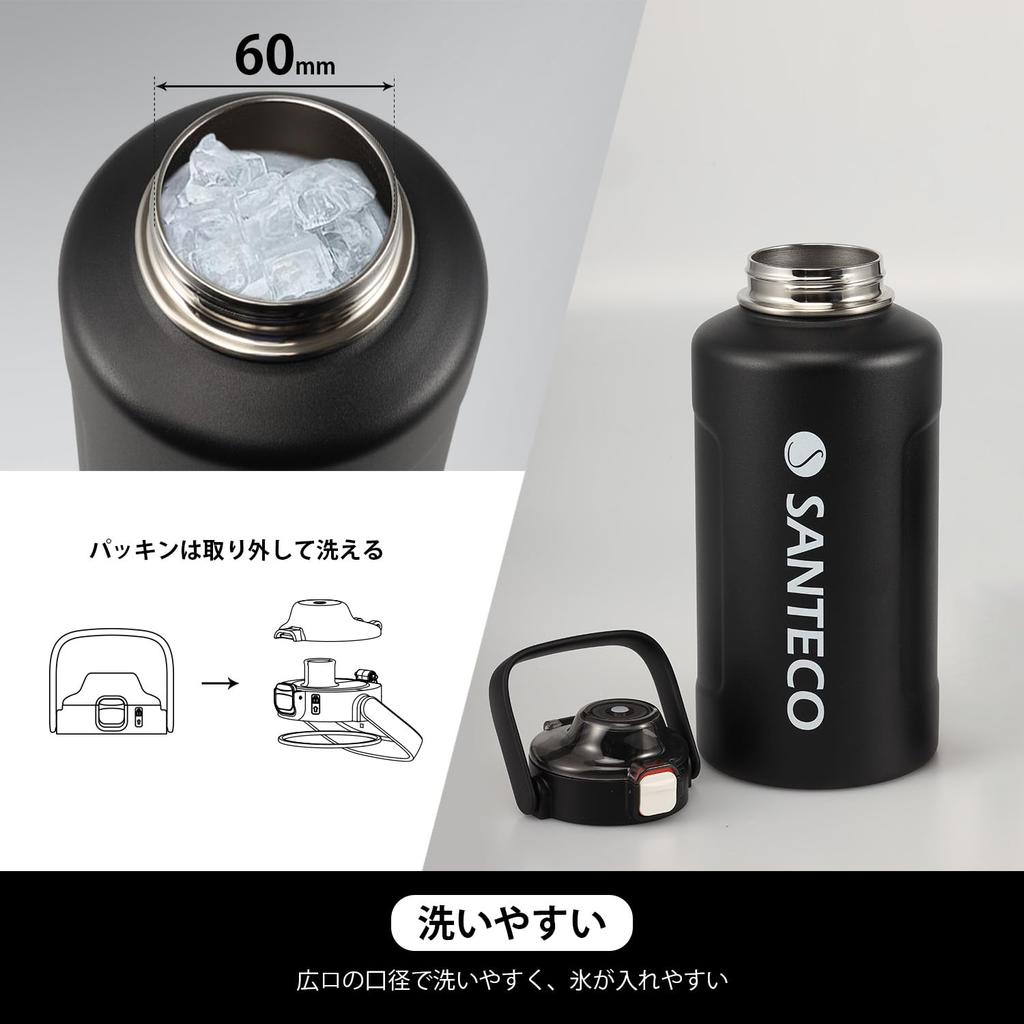 SANTECO Vacuum Insulated Stainless Steel Water Large with for Hot or Cold Drinks Bottle, 1900ml, Capacity, Straw, Black,
