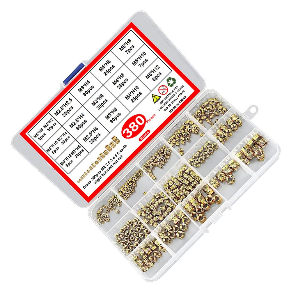 380Pcs Brass Knurled Nuts 2/2.5/3/4/5/6mm Threaded Inserts Metric Knurled Nuts Assortment Kits for 3D Printing