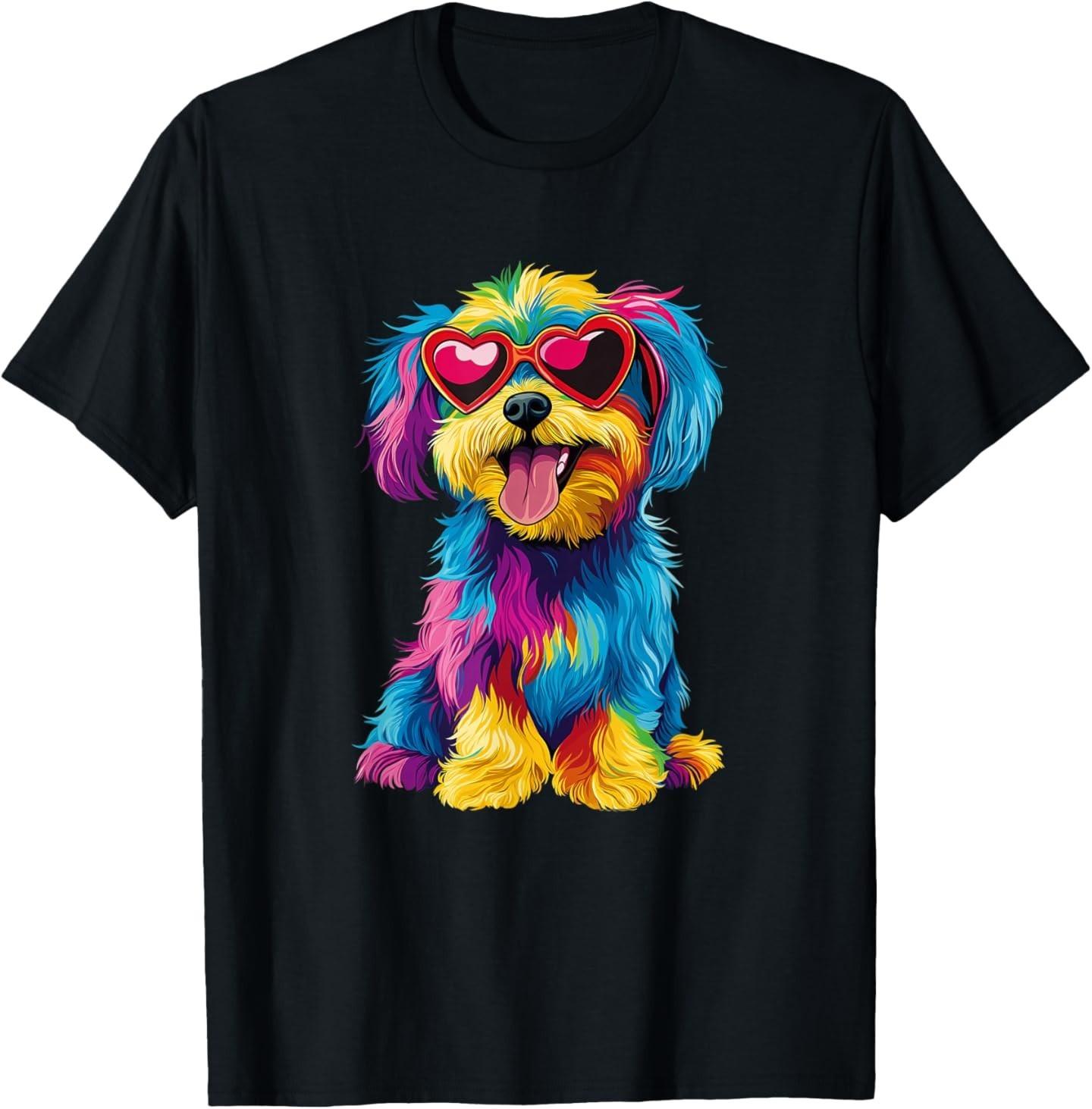 Rainbow Cute Dog Wearing Glasses Heart Puppy Love Dog Funny T-Shirt M