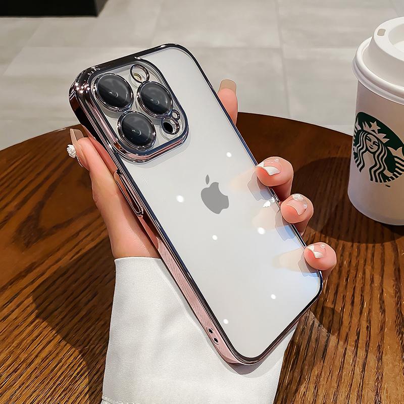 Luxury Plating Clear Case For iPhone 15 13 12 11 14 Pro Max Mini X XR XS 7 8 14 15 Plus SE Cover With Lens Protector Accessories
