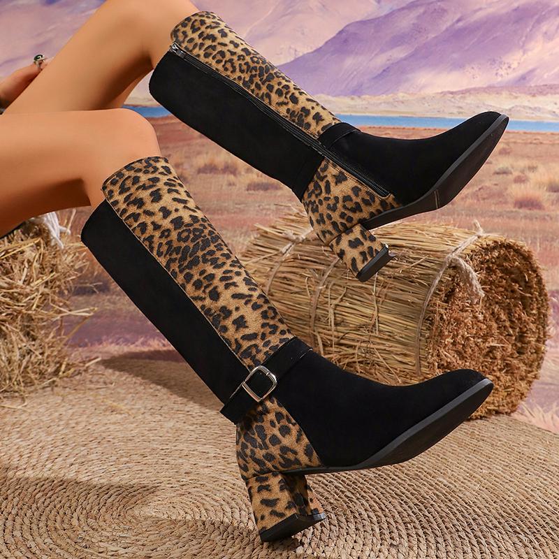 Plus Size 43 Leopard Print Women's Long Boots Mix Color Thick High Heels Boots Woman Autumn Winter Fashion Knee High Botas Mujer