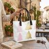 White Tote Bag Women Canvas Shopping Handbag with Pink Gold Christmas Tree Print Black Handles