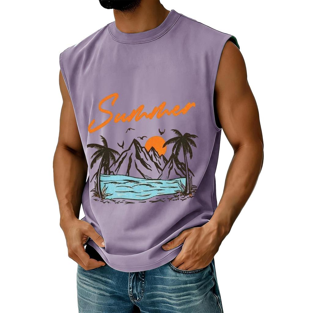 Men's Sleeveless Casual Athletic Vest Summer Graphic Print Muscle Tank Top Outdoor Gym Workout Shirt Beachwear