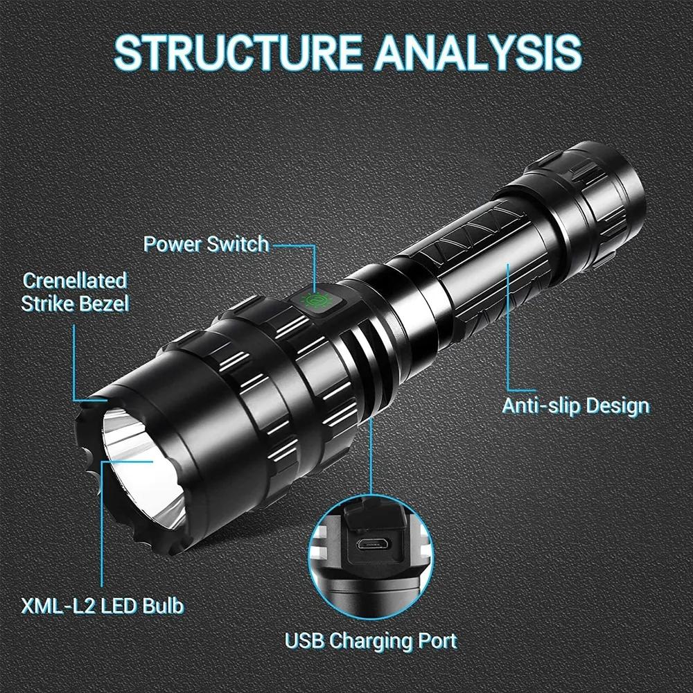 LED Tactical Hunting Flashlight USB Rechargeable Waterproof Torch Lamp
