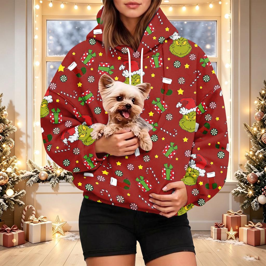 Damen Weihnachts-Print Kapuzenpullover mit Haustier-Tasche, Lässiger Feiertags-Pullover