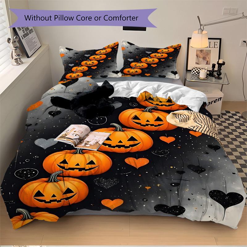 3pcs Halloween Pumpkins Duvet Cover Set, Cover For Bedroom Guest Room (1 Duvet Cover + 2 Pillowcase, Without Quilt),  yy250922156