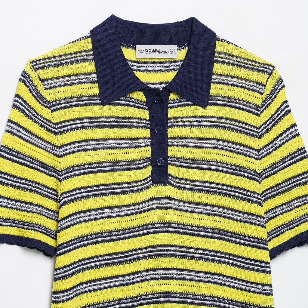European and American style, new women's clothing, foreign style, fashionable striped knitted POLO shirt 9874006