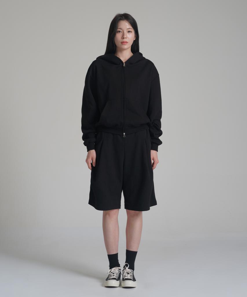 Noming Loose Fit Cropped Easy 2-Way Zip-Up Hoodie - Black
