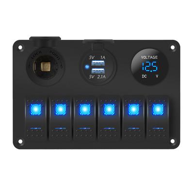 6-weg Marine Schakelaar Paneel Waterdicht 12 Volt, Boot Tuimelschakelaar Paneel 12V Blauw LED Verlicht voor Boot Auto Camper UTV met USB