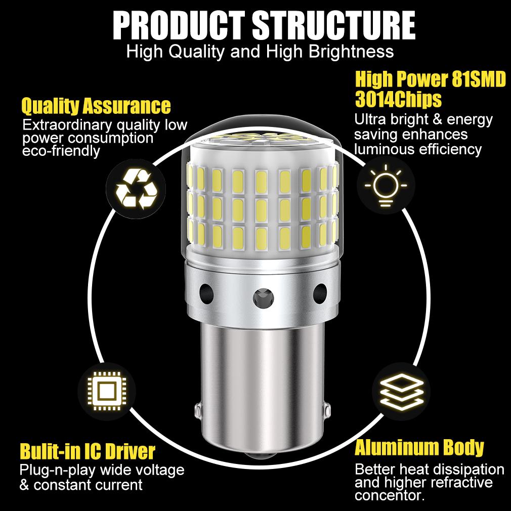 2Pcs 1156 BA15S P21W BAU15S PY21W 7440 W21W P21/5W 1157 BAY15D 7443 W21/5W 3157 P27/7W 3156 P27W LED Bulbs 81smd Lamp Tail Backup Reverse Light White