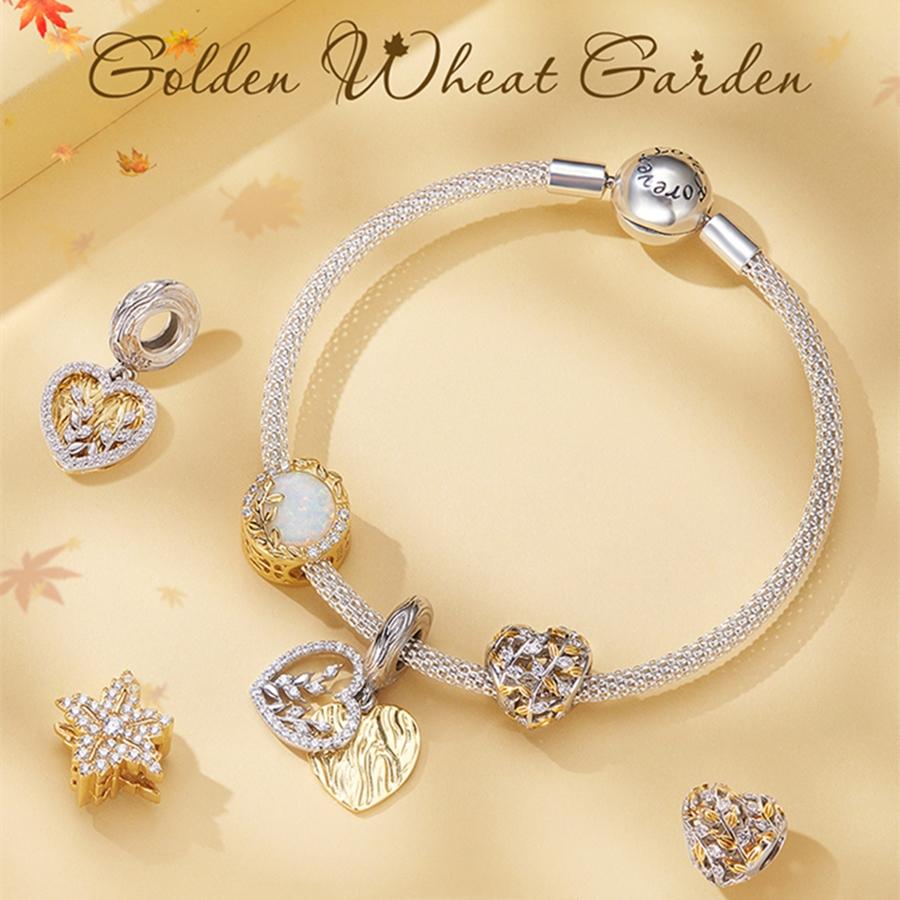 Bamoer 925 Sterling Silver Heart-shaped Leaf Pendant Fit for Women DIY Bracelet & Bangle Plated Gold Heart Charms Fine Jewelry