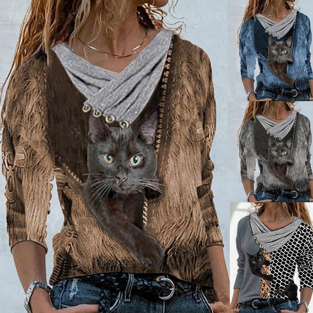 Women Casual Tops Cross V-Neck Buttons Printing Long Sleeve Sweaters Blouse
