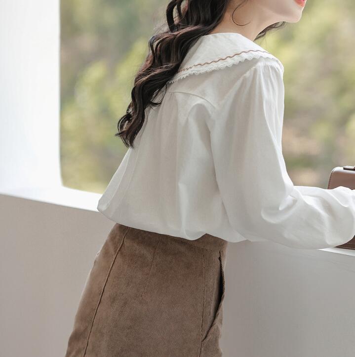 Spring and Autumn New Embroidery Long Sleeve Shirt Women Casual White Inner Blouse Tops